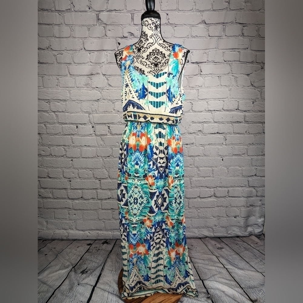 Misia Women's Sleeveless Geometric Print Maxi Dress Sz Large Side Slit Lined b26